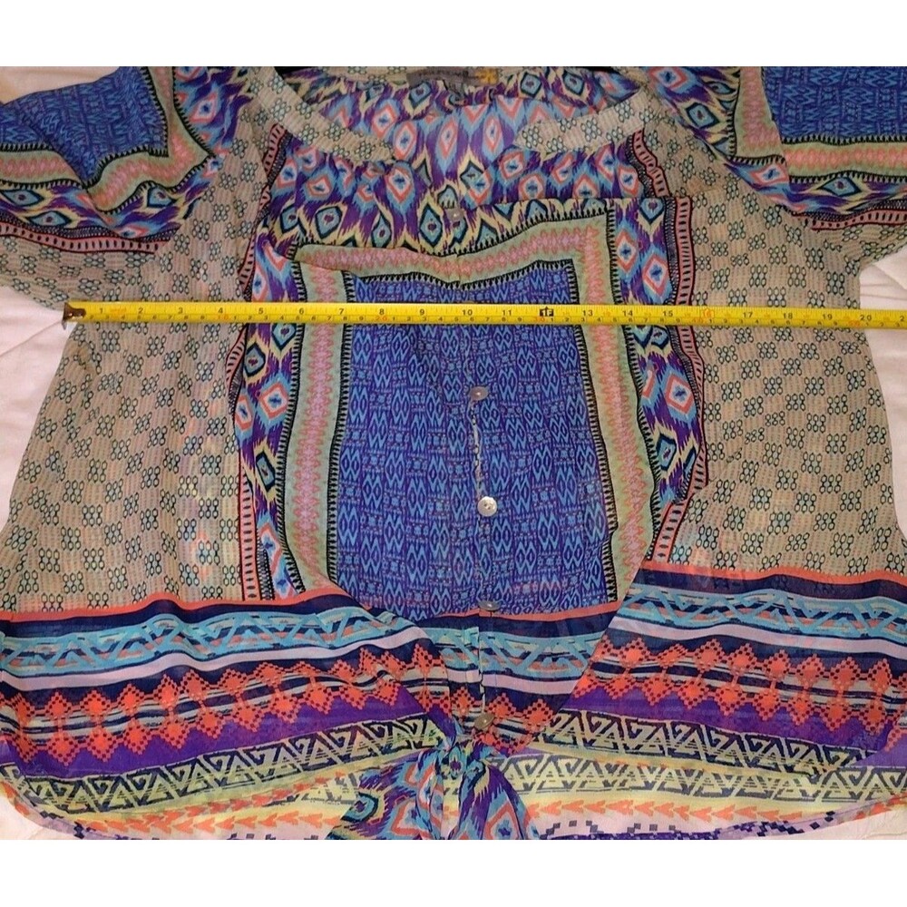 Figuier Flower Dillard's Petite Large Boho Geometric Tie Front Blouse NWT PL - Picture 7 of 9